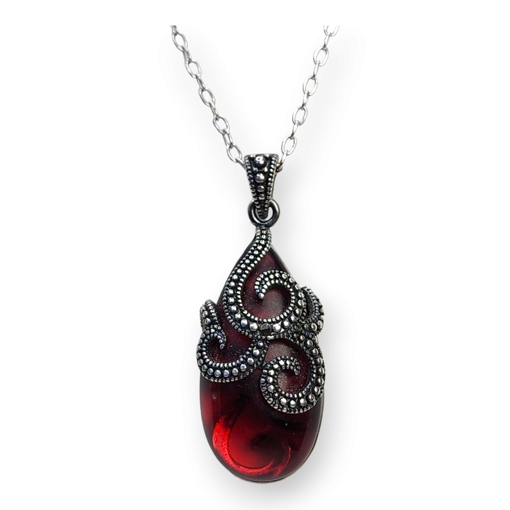PAJ Necklace Glass 18 In Red Vintage Scroll Drop Gothic Pendant